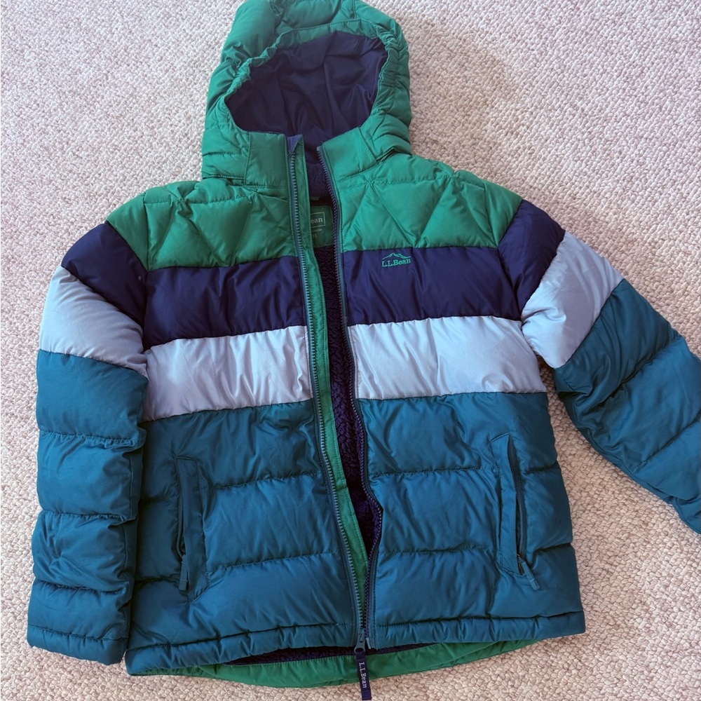 L.L. Bean Kids Teal, Green & Navy Colorblock Puffer Jacket Boys size 14 or 12